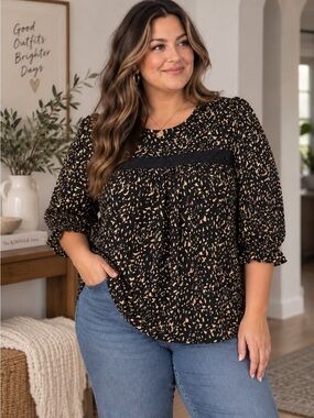 In Every Story Pennington Black Beige Printed Blouse Lace Detail Puff Sleeve Top